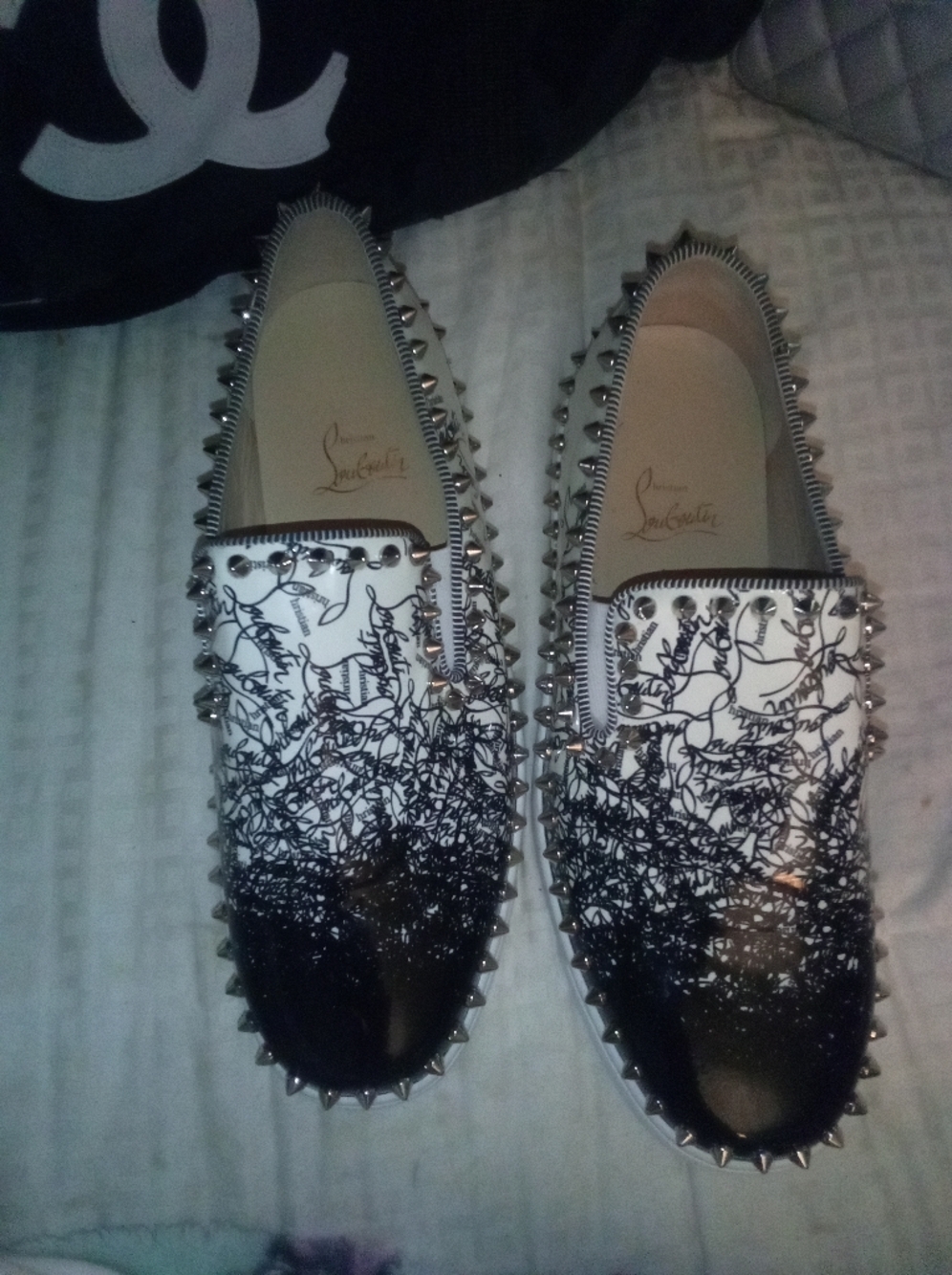 Christian Louboutin White & Black Spike-Trim Slip-Ons